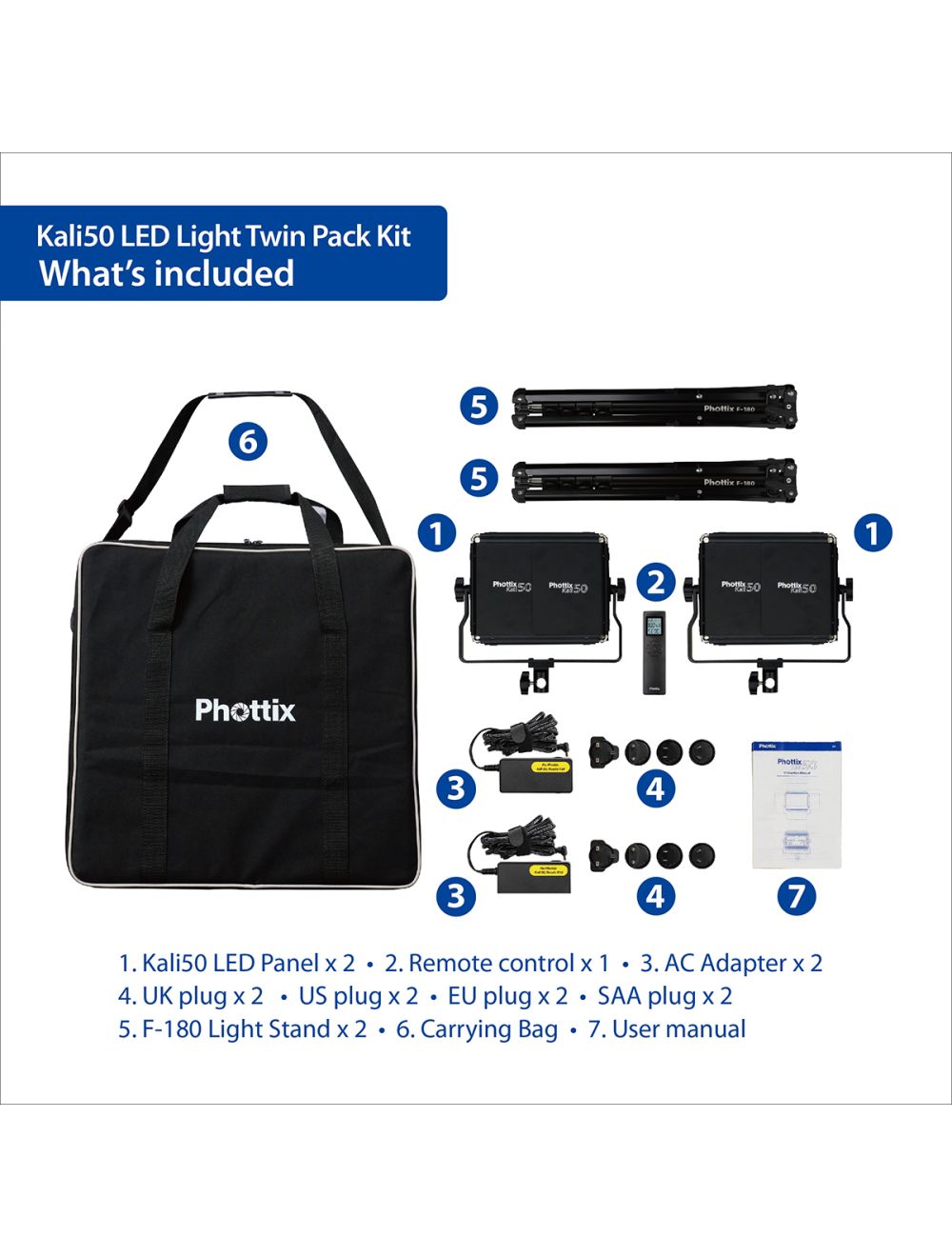 Phottix Kali 50 Twin LED Light Kit with 2 F 180 Light Stands and Phottix Carry Case Borge s Imaging